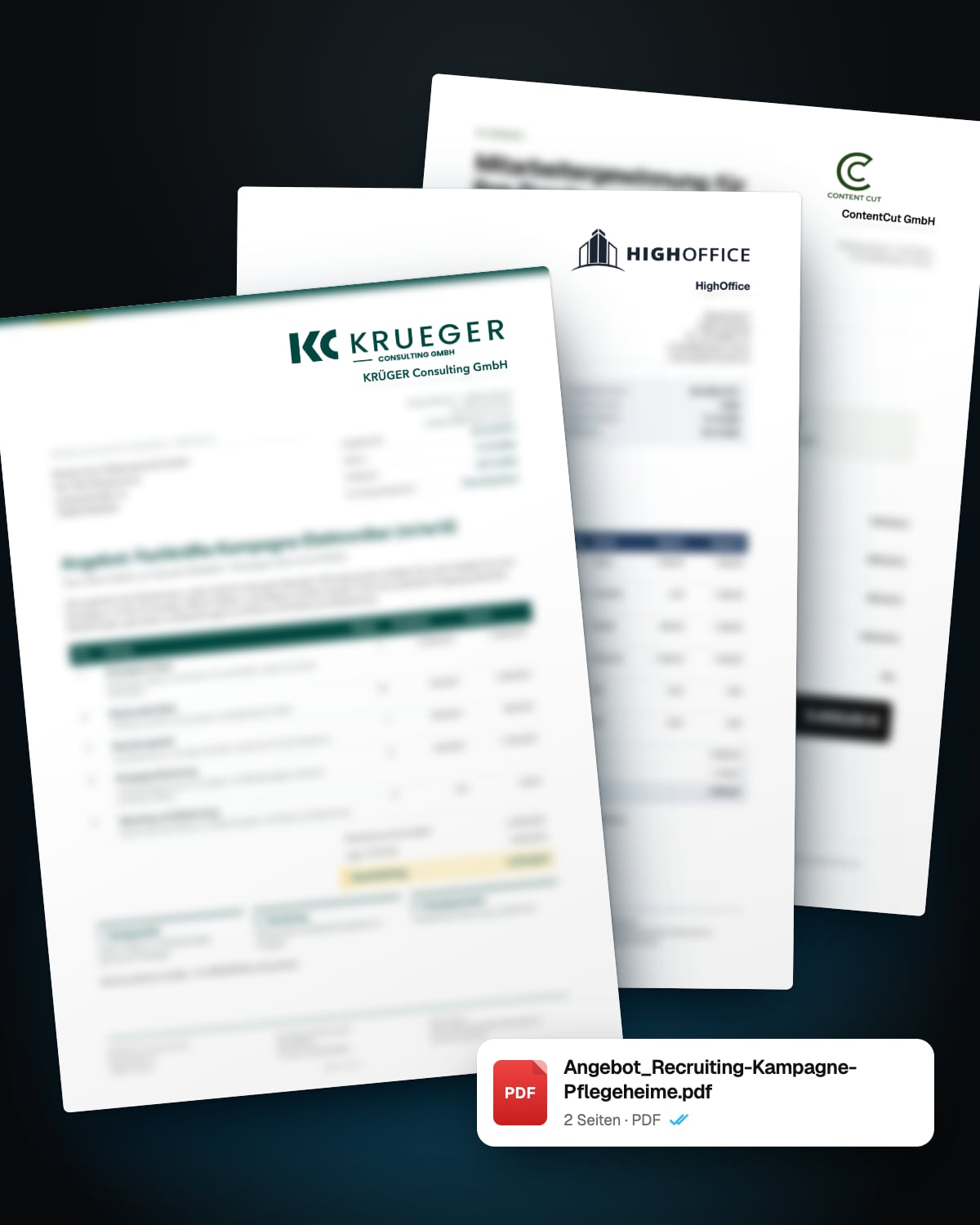 Drei echte Angebote von Krüger Consulting, HighOffice und ContentCut, unscharf bis auf Logo und Firmenname